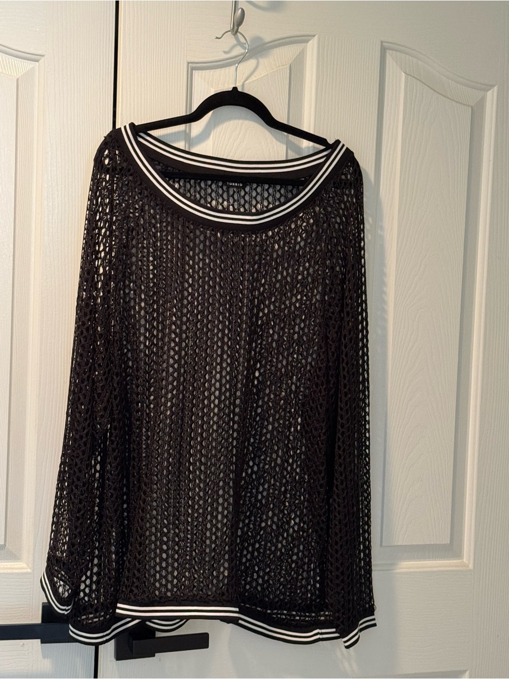 TORRID Black Open Mesh Pullover with Black and White Striped Trim